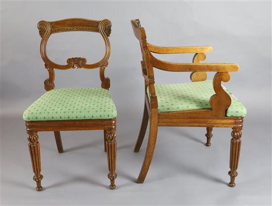 A set of nine William IV oak dining chairs, including two carvers, carvers W.1ft 8in. H.2ft 10in.